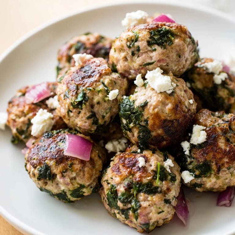 Delicious, juicy spinach feta turkey meatballs with visible feta cheese crumbles, ready to be enjoyed.