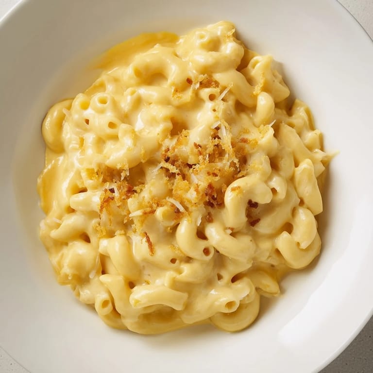 A close-up of golden-baked butternut squash mac and cheese with a bubbly, cheese topping.