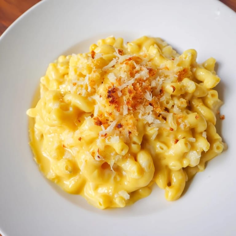 Hot and creamy butternut squash mac and cheese, ready to serve with a garnish of herbs.