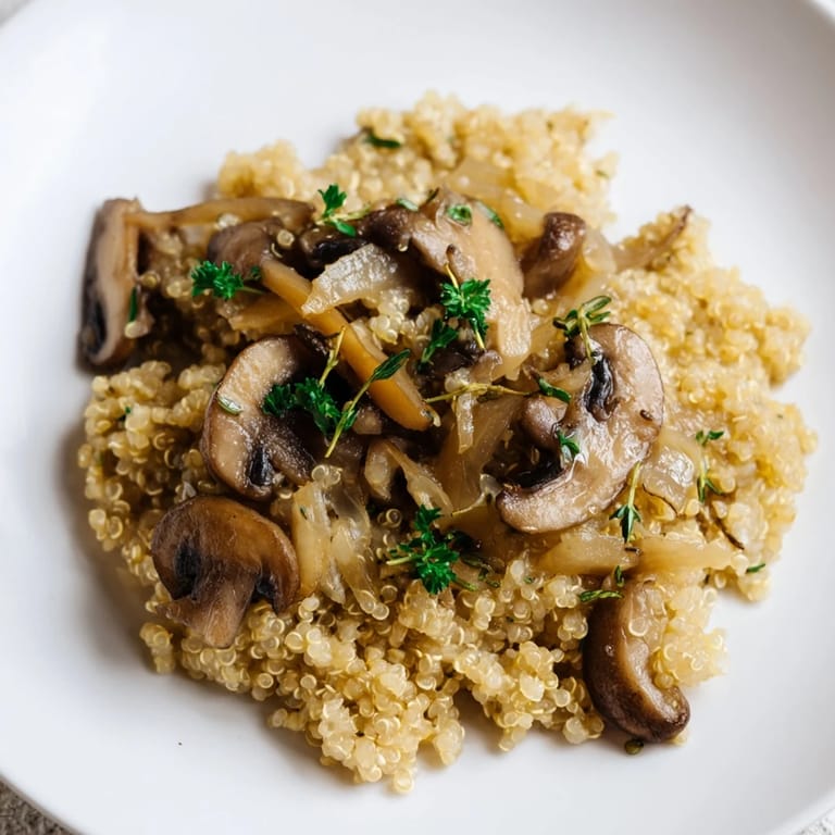 A steaming bowl of Mushroom Quinoa Risotto, visually described with creamy texture and Parmesan cheese.