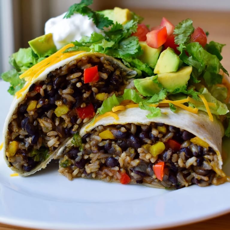 A visually enticing shot of a perfectly rolled Smoky Black Bean Burrito with a vibrant filling awaiting a bite.