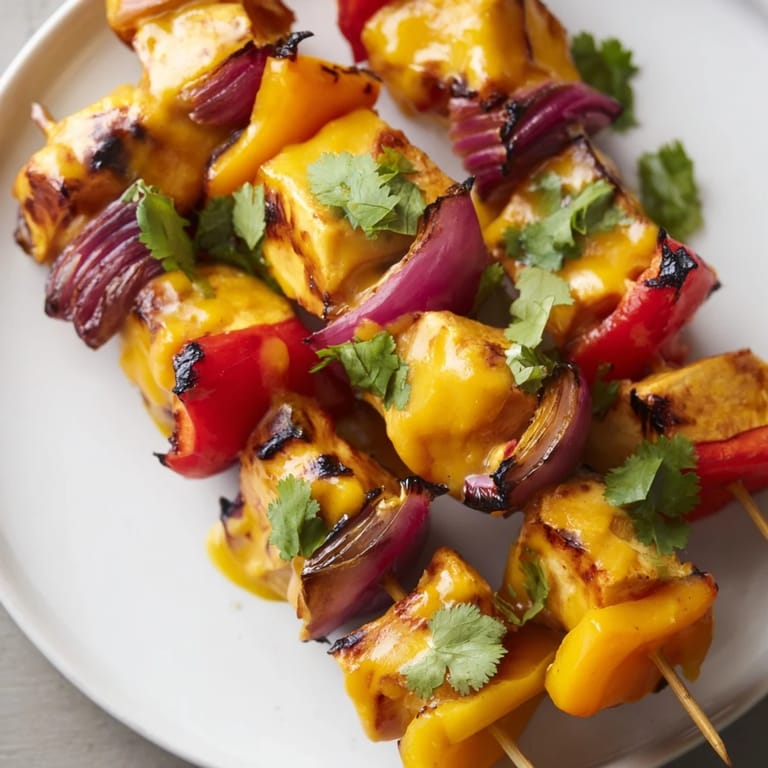 Grilled Mango Lime Chicken Skewers with charred peppers, red onion and a beautiful glaze, ready to serve this summer.