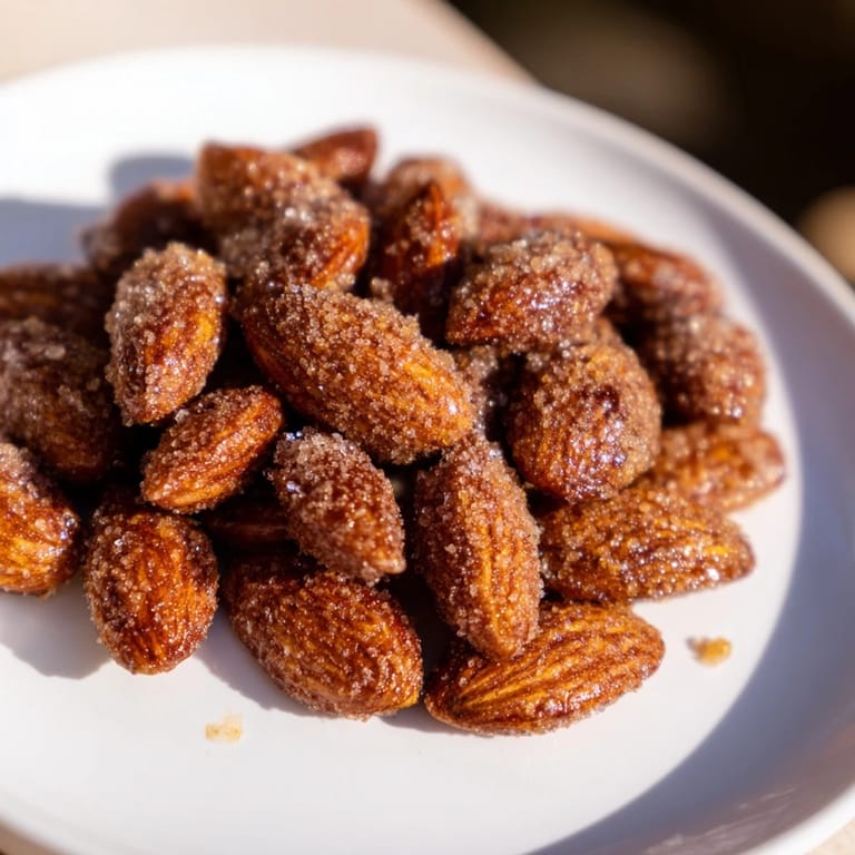 Freshly baked cinnamon roasted almonds, offering a delightful crunch and warm, aromatic sweetness, ready to enjoy.