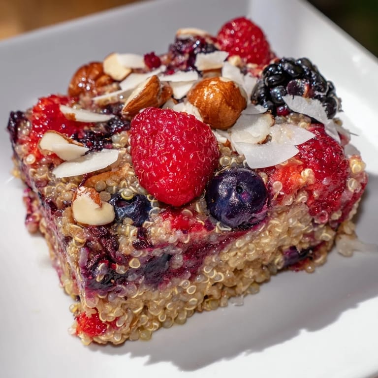 Serving suggestion: Enjoy a hearty portion of Berry Quinoa Breakfast Bake, generously topped with chopped nuts and fresh coconut flakes.
