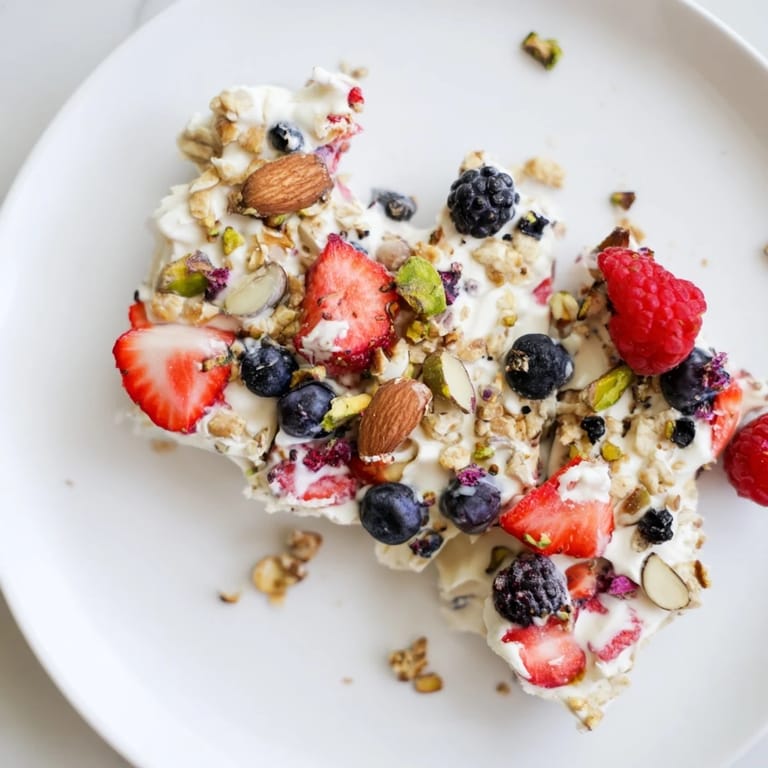 Frozen Fruit Yogurt Bark, a sweet treat topped with granola, nuts, and bursting with berry flavor.