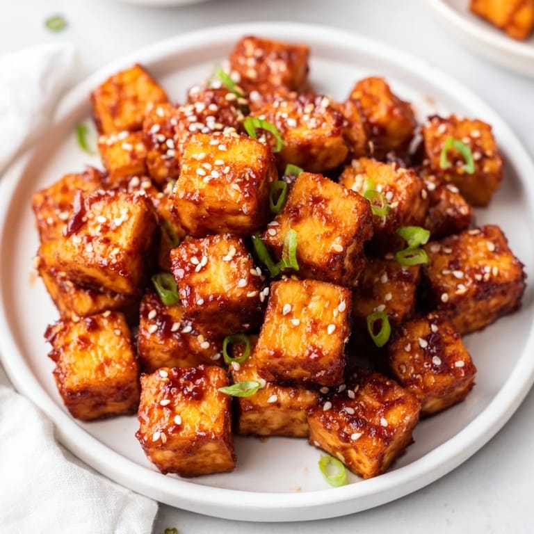 A serving of Honey Gochujang Tofu, garnished with sesame seeds and green onions, is the perfect vegan meal.