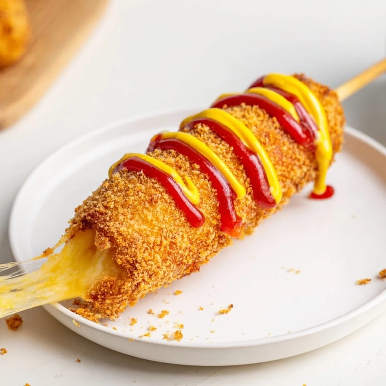 Crispy textured Cheesy Korean Corn Dogs, with a satisfying cheesy pull, are a delicious snack.