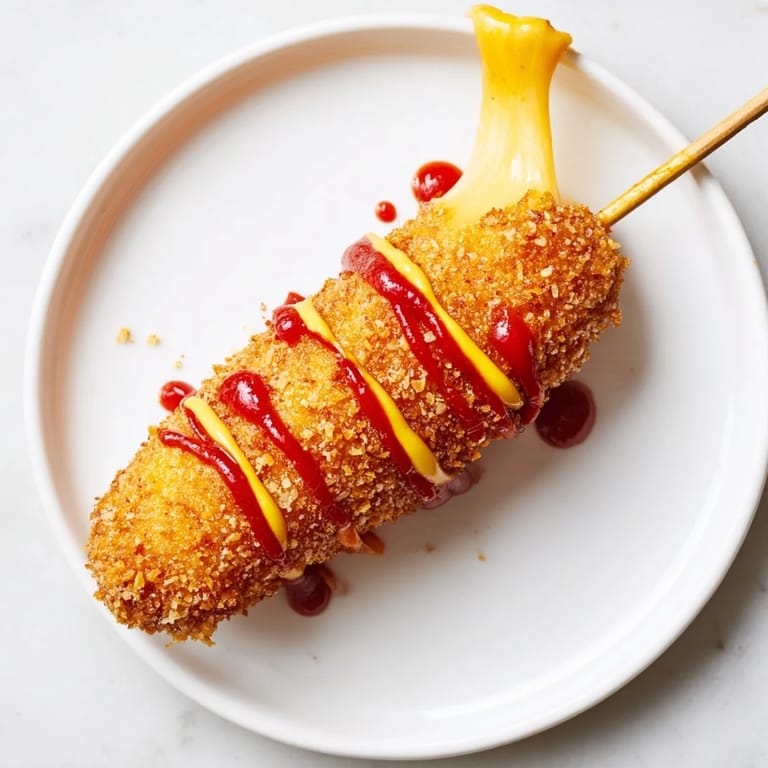 A close-up view of a perfectly fried Cheesy Korean Corn Dog, ready for ketchup and mustard.