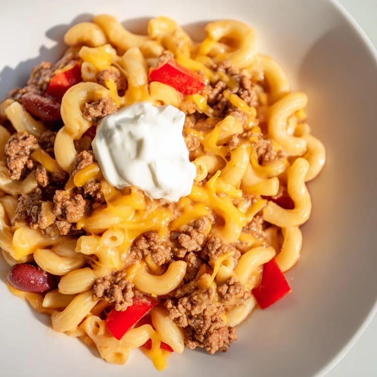 Creamy and comforting one-pot chili mac topped with warm cheddar and ready to enjoy now.