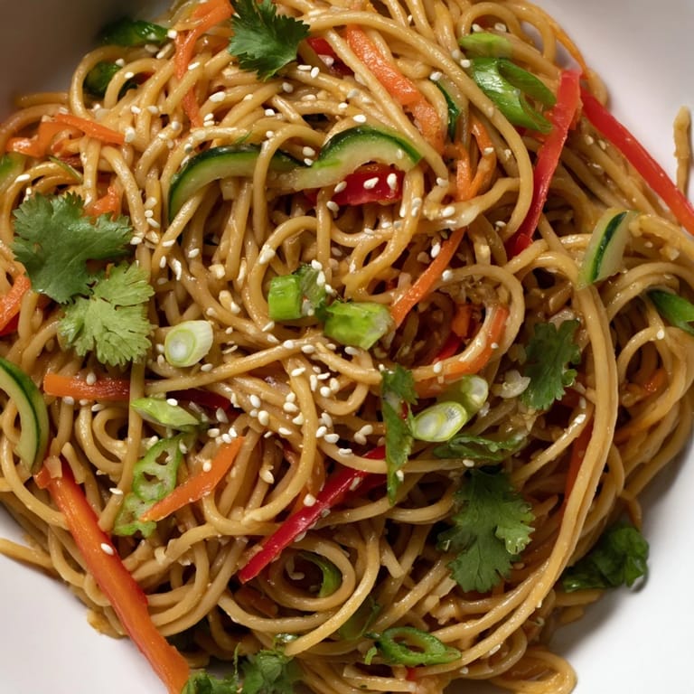 Close-up of a refreshing Garlic Noodle Salad, tossed with glistening dressing and sesame seeds.