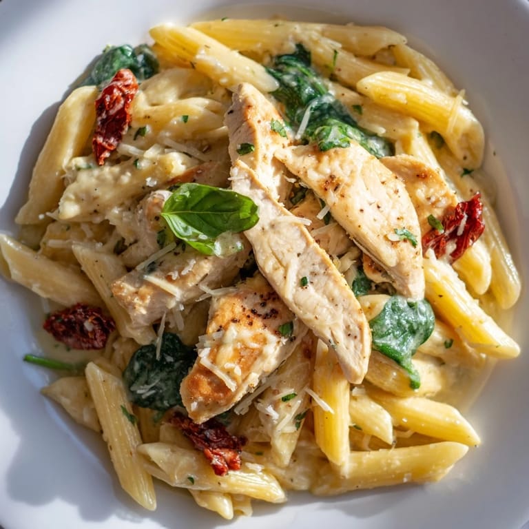 Served hot, this Creamy Tuscan Chicken Pasta has a rich, garlicky cream sauce and fresh basil.