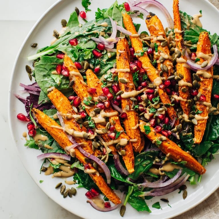 A close-up image of the delicious Roasted Carrot Salad, ready to be enjoyed with a creamy drizzle.