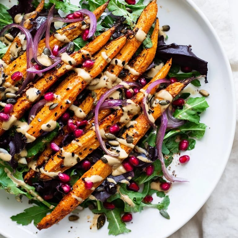 Golden roasted carrots are the star of this fresh salad, topped with tangy tahini dressing.