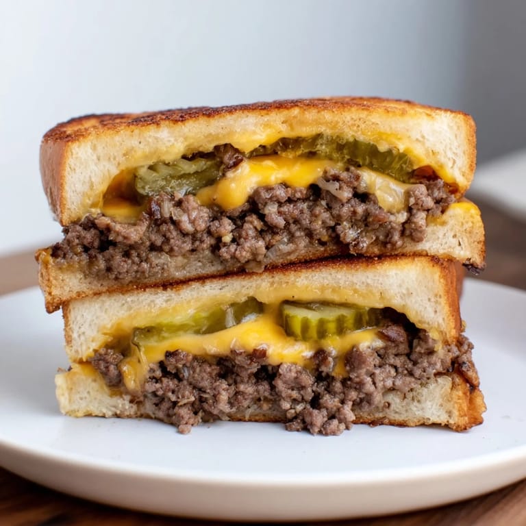 A close-up shot of a perfectly grilled Smashed Burger Grilled Cheese, ready to eat.