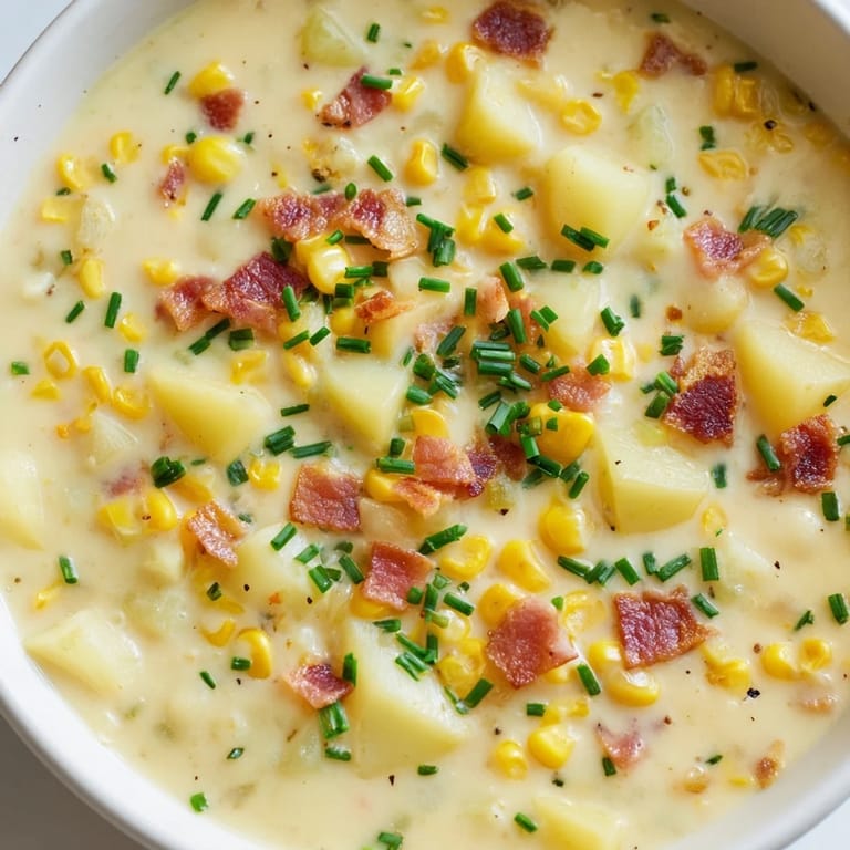 Golden-colored corn chowder soup with visible potatoes and bacon, perfect for a hearty and delicious meal.
