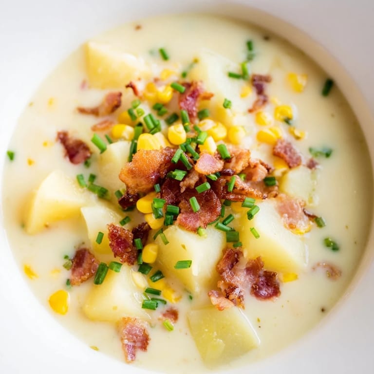 A steaming bowl of corn chowder soup showcases sweet corn kernels in a thick, velvety broth.