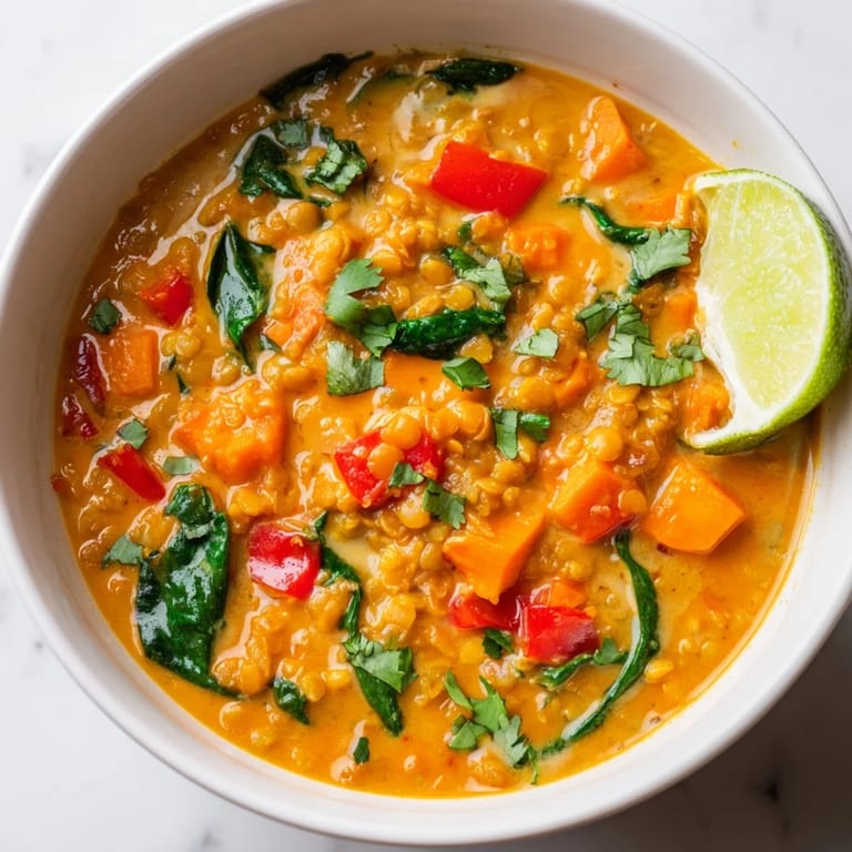A steaming bowl of flavorful Lentil Red Curry Soup, rich with coconut milk and vegetables.