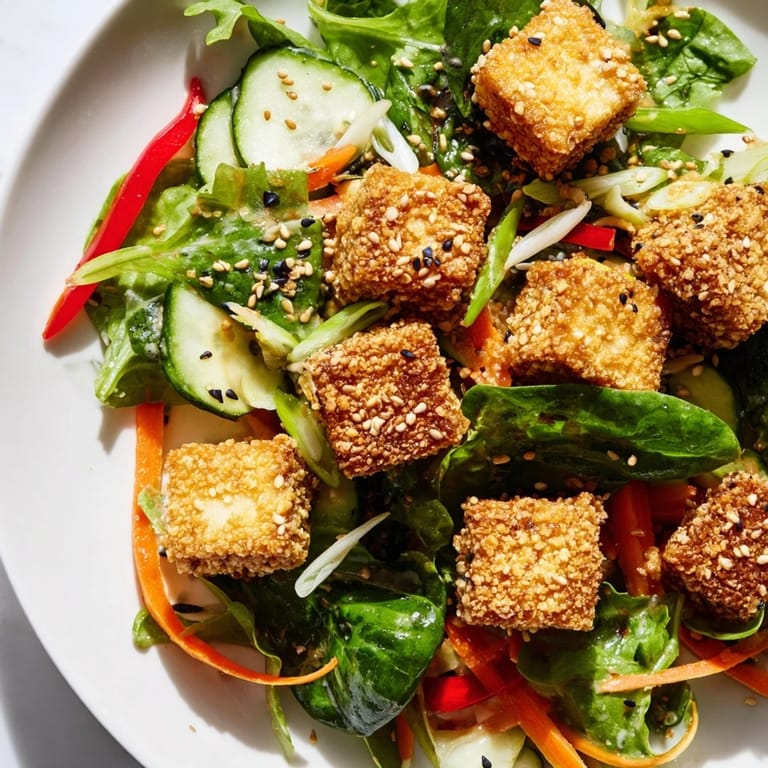 A close-up of a flavorful crispy tofu salad, featuring golden tofu cubes and colorful vegetables.