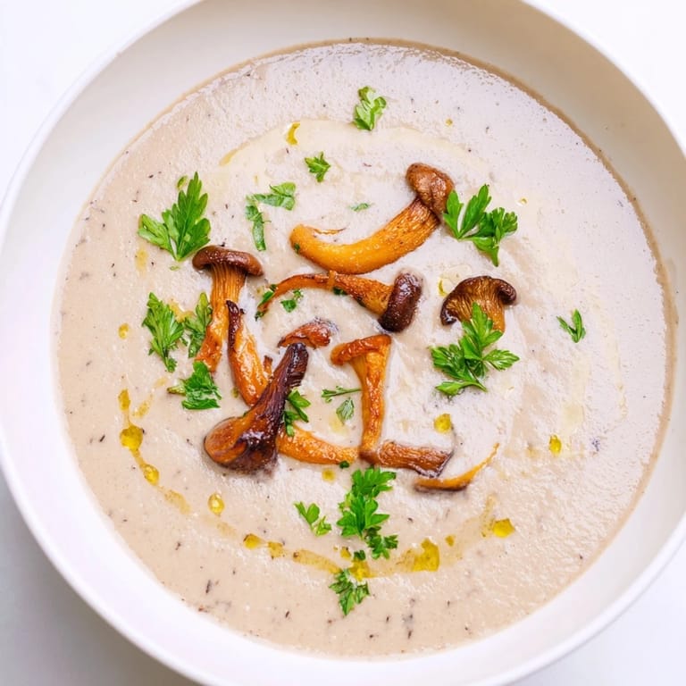 Warm, comforting bowl of creamy mushroom bisque, garnished with fresh herbs, ready to savor.