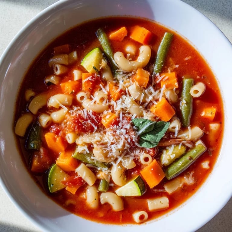 Close-up of hearty Tomato Basil Minestrone, featuring colorful vegetables in a rich tomato broth.