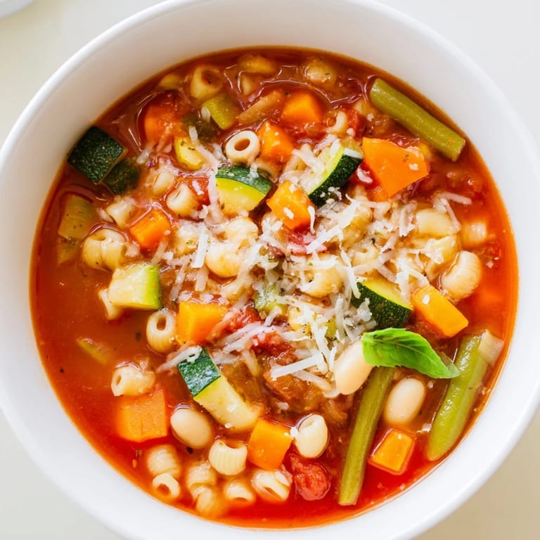 Flavorful Tomato Basil Minestrone, ready to eat with a sprinkle of fresh parsley and Parmesan.