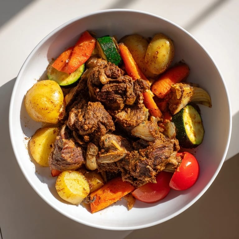 Juicy lamb and colorful veggies emerge from the oven in this savory Jordanian Zarb recipe, ready to serve.