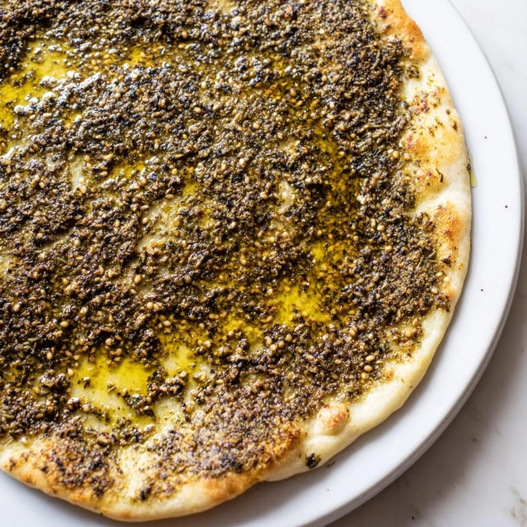 Freshly baked Levantine zaatar bread featuring a flavorful, herb-filled zaatar and sesame crust.