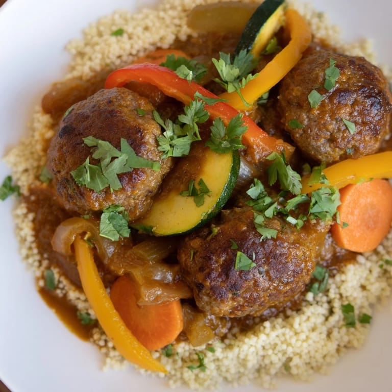A hearty serving of North African Couscous Kefta featuring fluffy couscous topped with rich meatball stew.