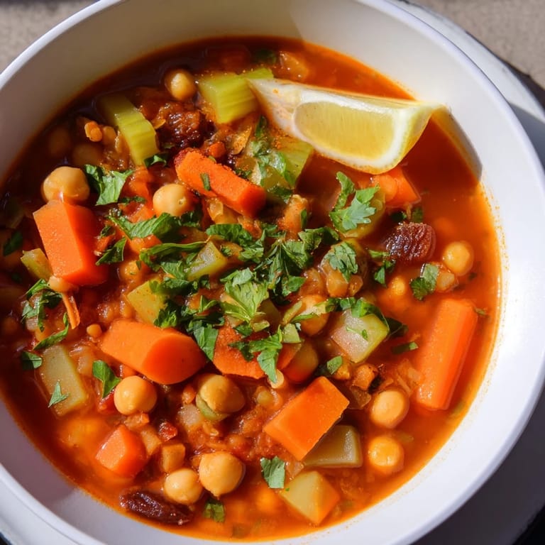 A close-up of a bowl of North African Harira Soup, garnished with fresh cilantro and lemon wedges.