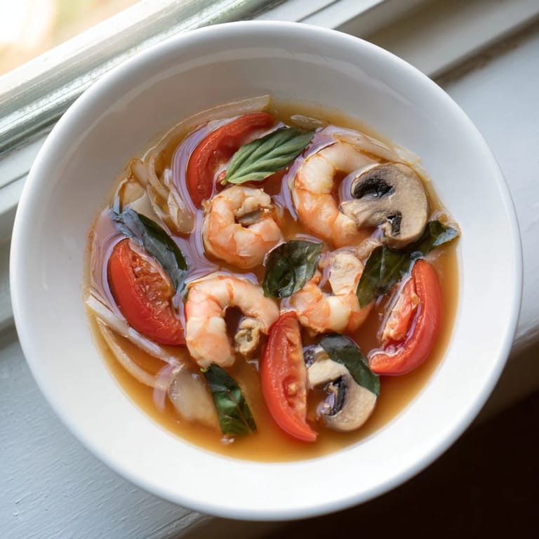 Hot and savory Spicy Tom Yum Soup featuring shrimp, mushrooms, and a spicy broth in a bowl.