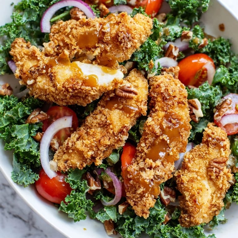 Fresh kale, red onion, and toasted pecans mingle with juicy chicken cutlets in this hearty Crispy Chicken Kale Salad, served with a tangy maple-Dijon vinaigrette.