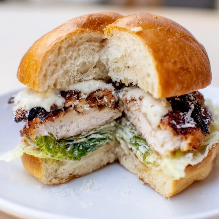 Freshly assembled Caesar Chicken Sandwich with melted Parmesan and a drizzle of Caesar dressing, ready to be enjoyed with a side of golden fries.