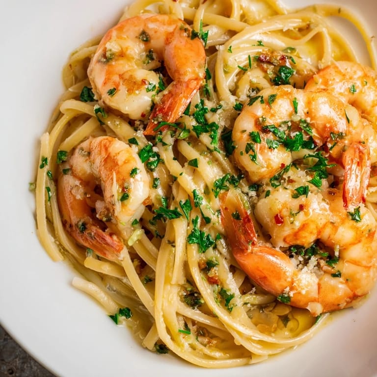 A close-up of Creamy Garlic Shrimp Pasta in a skillet, with steaming, velvety sauce clinging to each strand of pasta and plump pink shrimp.