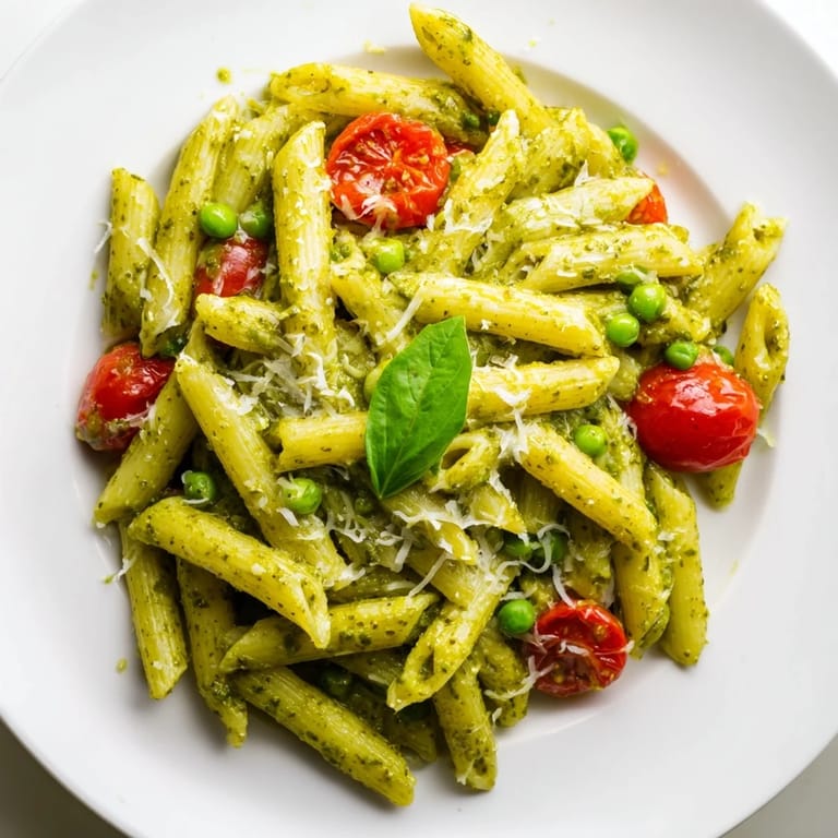 A freshly tossed Green Pesto Pasta Salad in a white serving bowl, garnished with fresh basil leaves and a light drizzle of extra virgin olive oil.