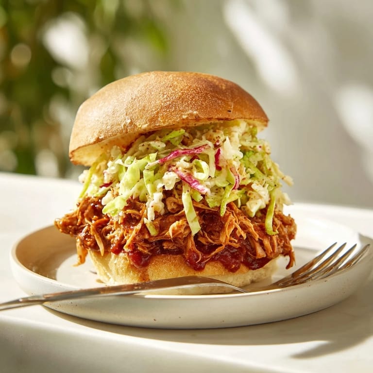 Tender shredded chicken in smoky barbecue sauce, piled onto a soft brioche bun with fresh, vibrant slaw for a satisfying meal.