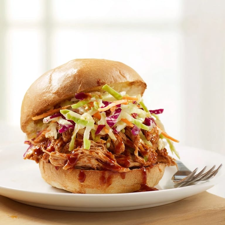 Close-up of juicy pulled chicken sandwich with tangy slaw on a buttery brioche bun, perfect for a hearty American dinner.