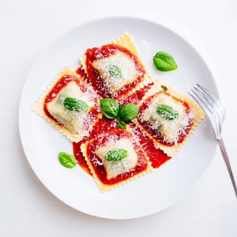 Golden-sealed spinach ricotta ravioli served on a plate of bright tomato sauce, topped with fresh basil and grated Parmesan.