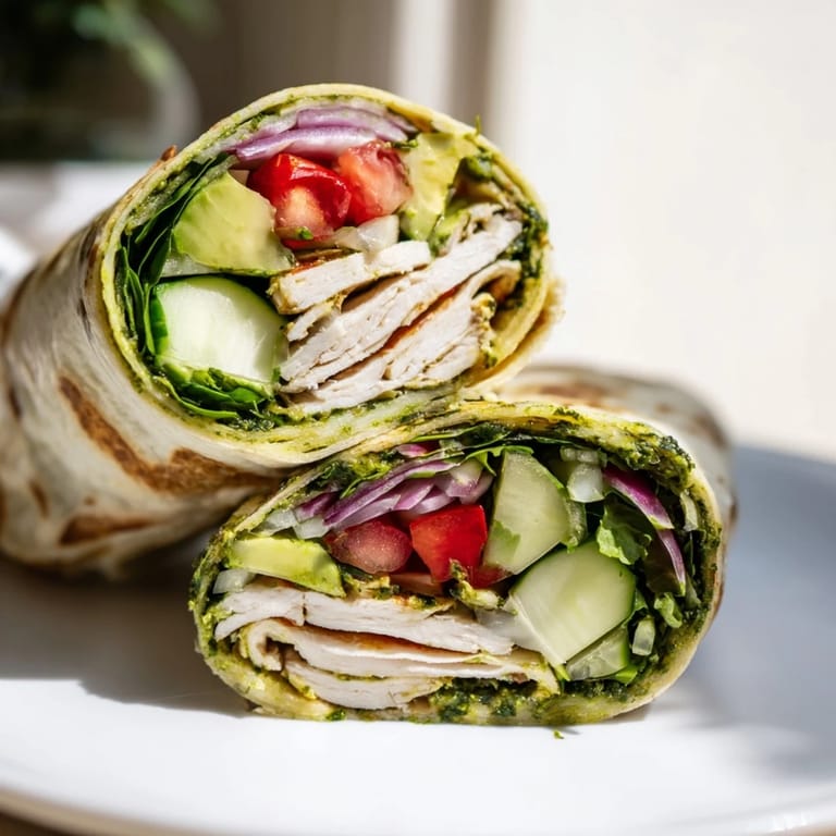 A close-up shows the juicy chimichurri-marinated chicken and crisp vegetables inside a soft flour tortilla wrap.