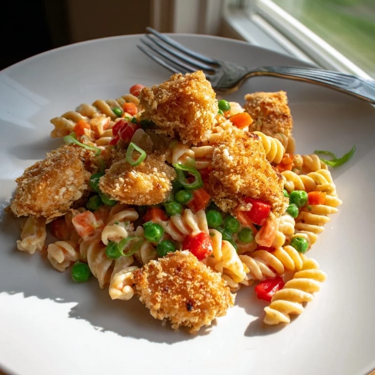 Served in a rustic white bowl, the Crispy Chicken Ranch Pasta Salad showcases crunchy chicken, peas, and sliced green onions.