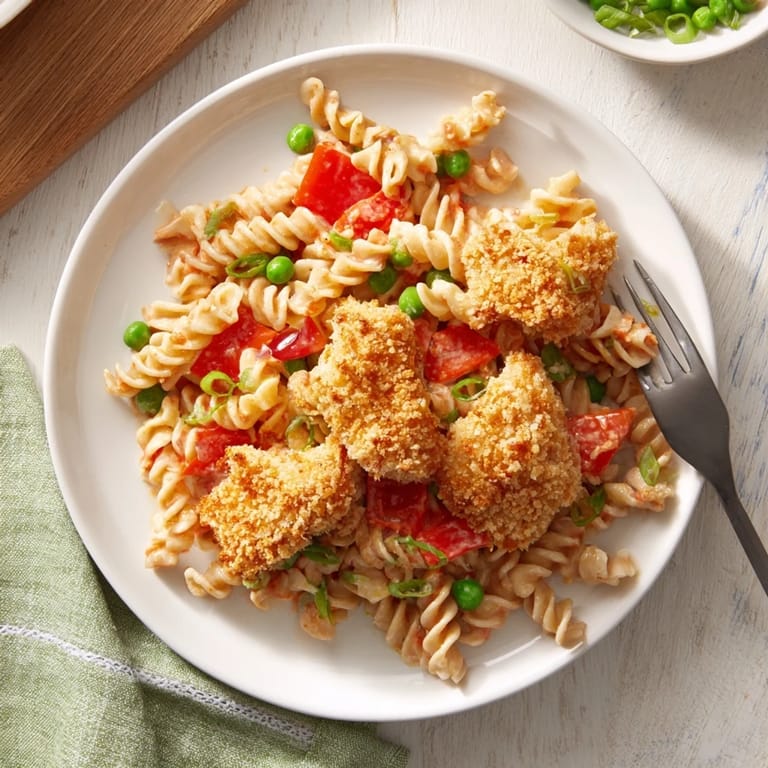 A fork lifts tender pasta and crispy chicken from the creamy Crispy Chicken Ranch Pasta Salad, dotted with red pepper.