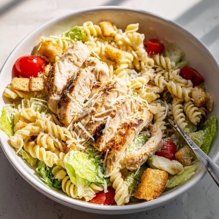 Caesar Pasta Chicken Bowl topped with garlic croutons, shaved Parmesan, and halved cherry tomatoes served on a white plate.  