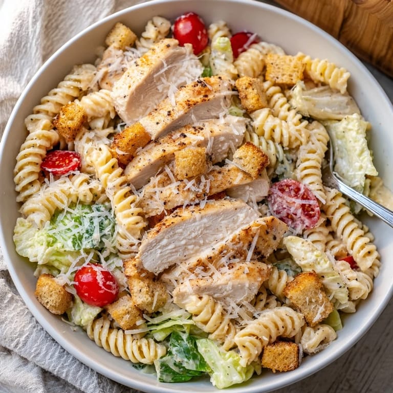 Warm Caesar Pasta Chicken Bowl featuring tender grilled chicken, pasta, and crunchy romaine tossed in creamy Caesar dressing.