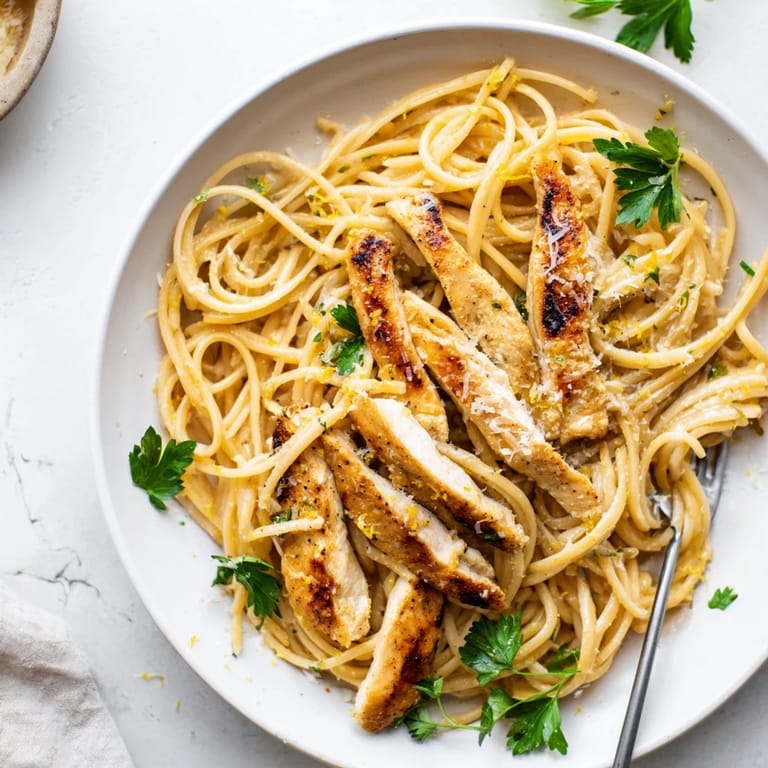 Close-up view of Brown Butter Lemon Chicken Pasta showcasing juicy chicken strips coated in nutty butter sauce and freshly grated Parmesan cheese.