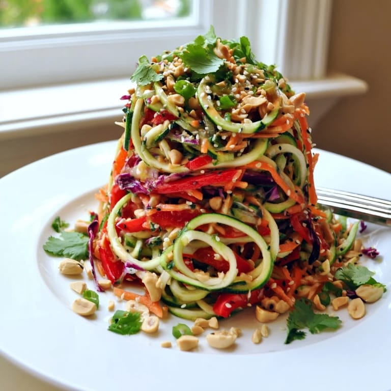 Vibrant Raw Vegetable Noodle Salad with crunchy red cabbage and bell peppers, served as a refreshing vegan side dish.