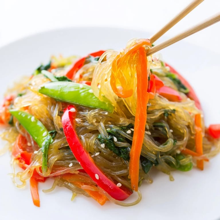 Close-up of a healthy kelp noodle stir-fry with green onions and red bell pepper, tossed in a zesty ginger-tamari dressing.