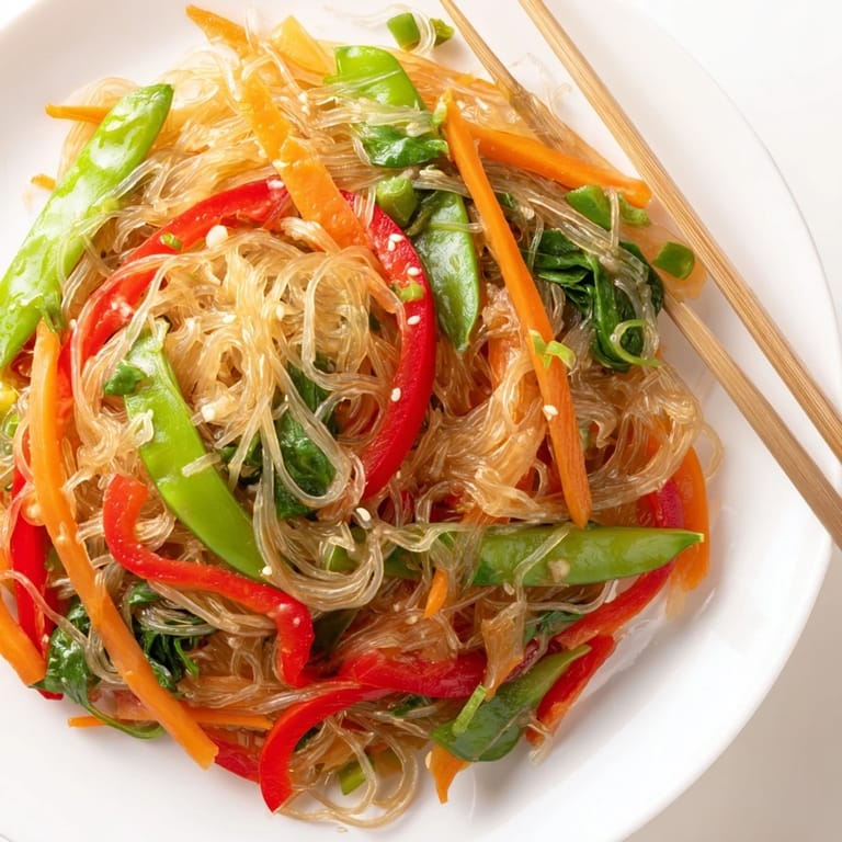 A vibrant kelp noodle stir-fry topped with lime wedges and cilantro, featuring crunchy snap peas and carrots in a savory sauce.