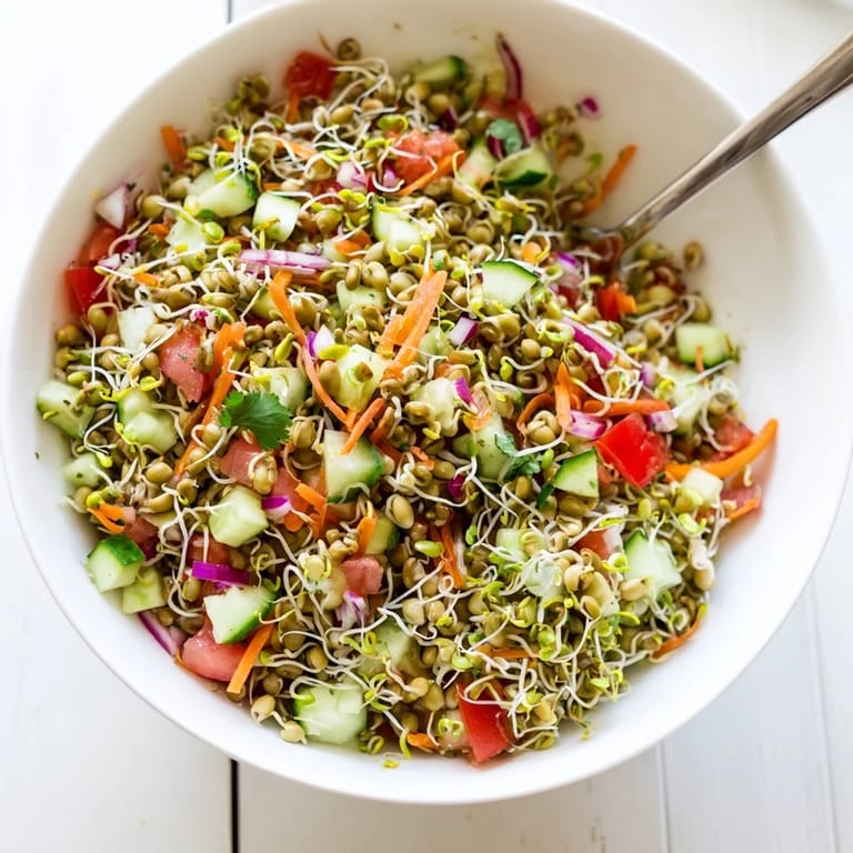 Colorful Sprouted Seed Salad featuring crisp vegetables, grated carrot, and a light lemon-olive oil dressing, perfect as a healthy vegan side.  