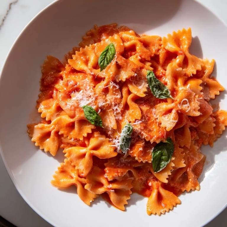 A comforting plate of tomato basil bowtie pasta, featuring silky sauce, tender pasta, and a sprinkle of grated Parmesan for serving.