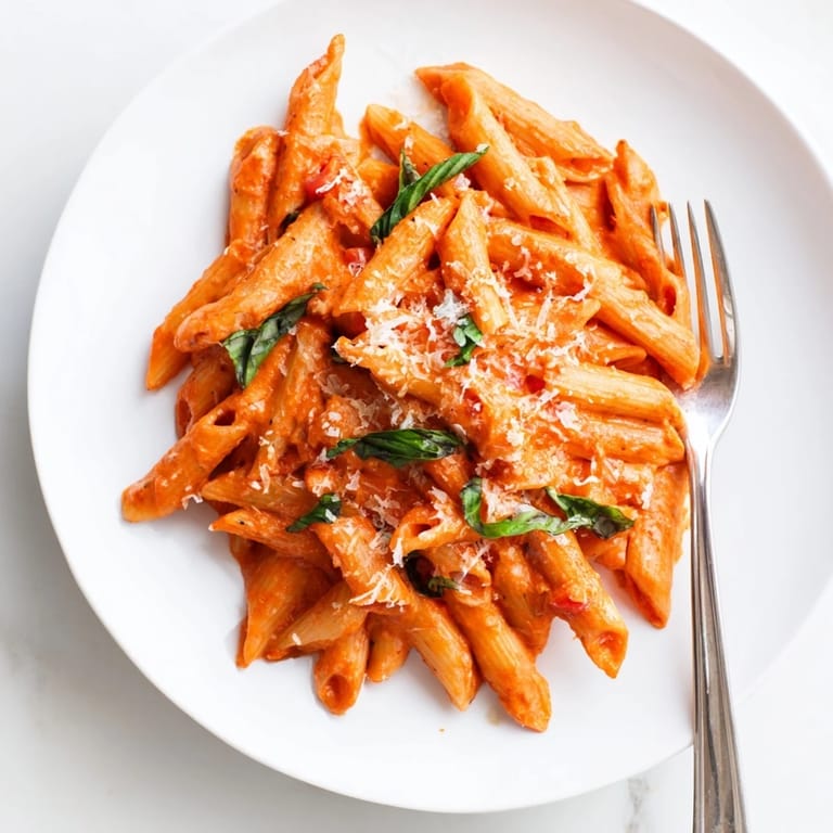 Blended roasted red pepper sauce clinging to al dente pasta, topped with grated Parmesan and herbs.