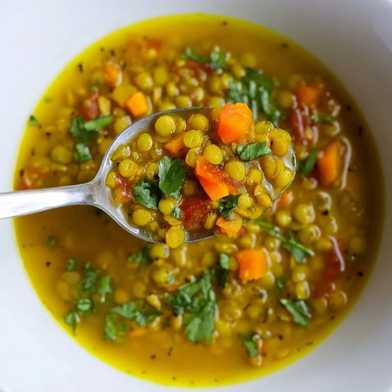 Comforting mung bean soup topped with lemon wedges and cilantro, ready to serve with steamed rice.